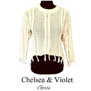 CHELSEA & VIOLET Girls Ivory BoHo Fringe Sweater Cable Knit Fringe Girls Sz XL
